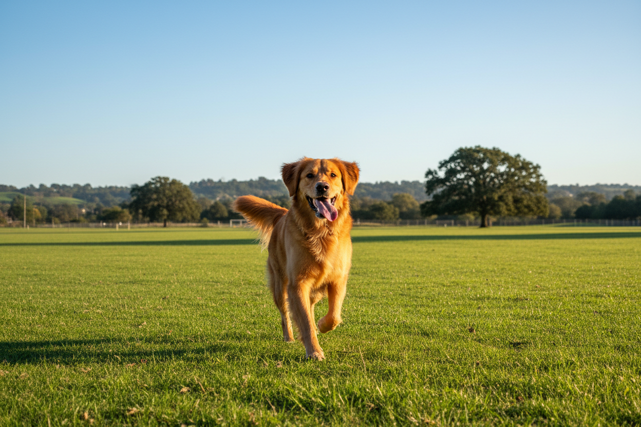 sunny day with a dog running looking happy in a playing field